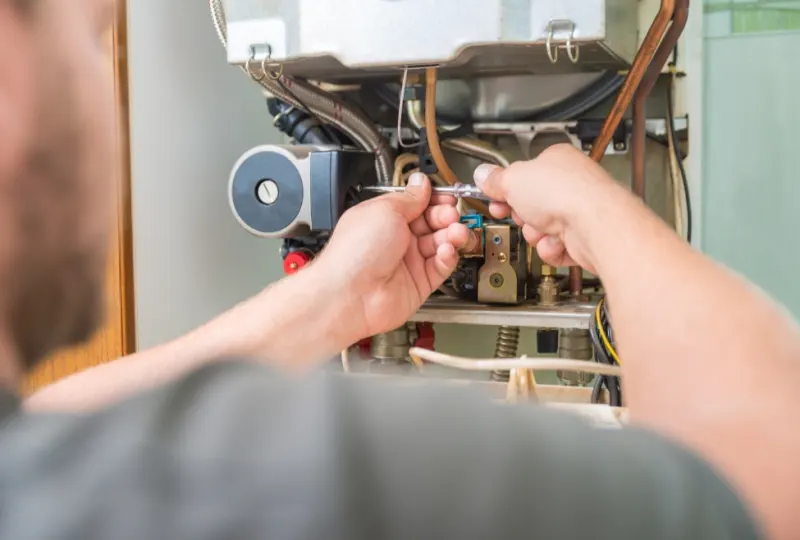 Technician adjusting a boiler with a screwdriver