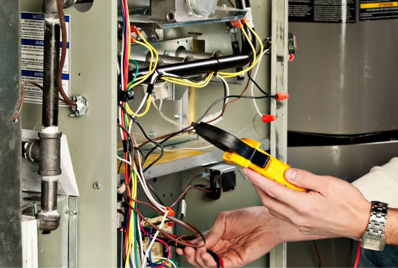 Technician testing wiring inside a furnace with a clamp meter