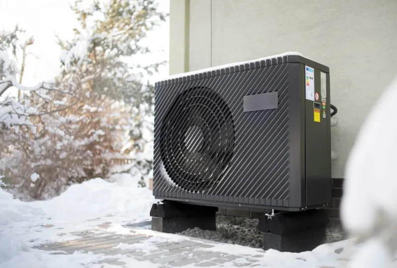 Heat pump outdoor unit installed beside a snowy home