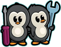 Family Heating & Cooling penguin mascots holding a screwdriver and a wrench